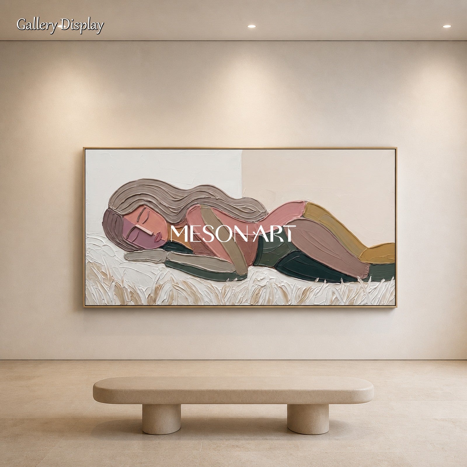 Beige And Pink Abstract Figurative Portrait Painting Panoramic Original Artist Hand Painted By Mesonart