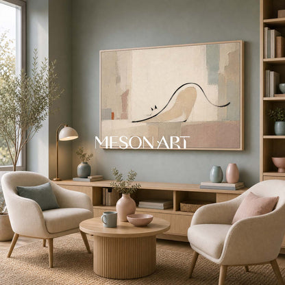 Minimalist Cat Abstract Painting In Beige And Grey For Modern Living Room Decor