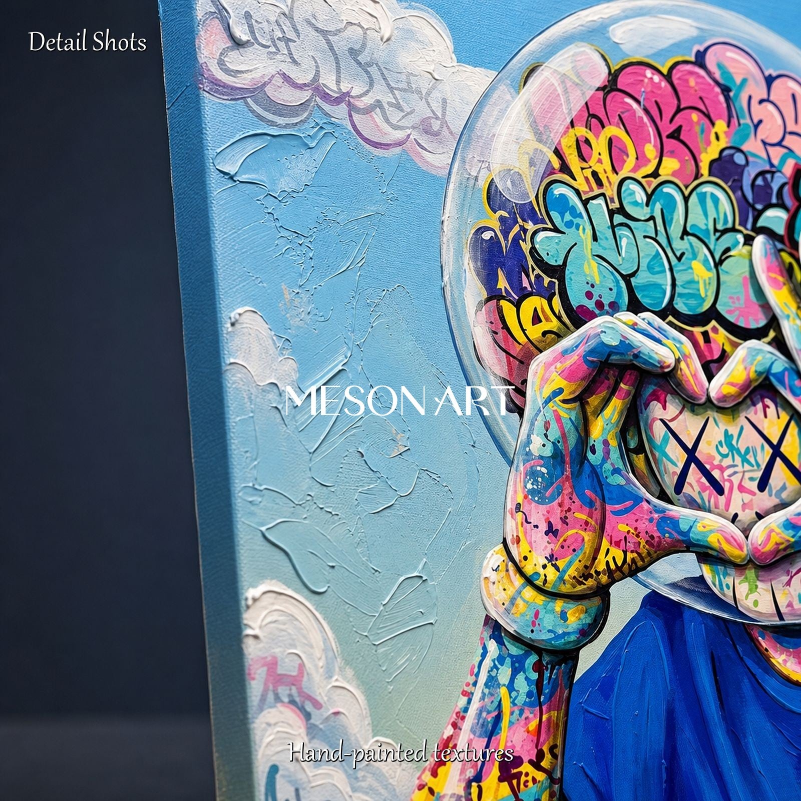 Vibrant Graffiti Art Painting With Bubble Head Figure For Modern Living Room Decor
