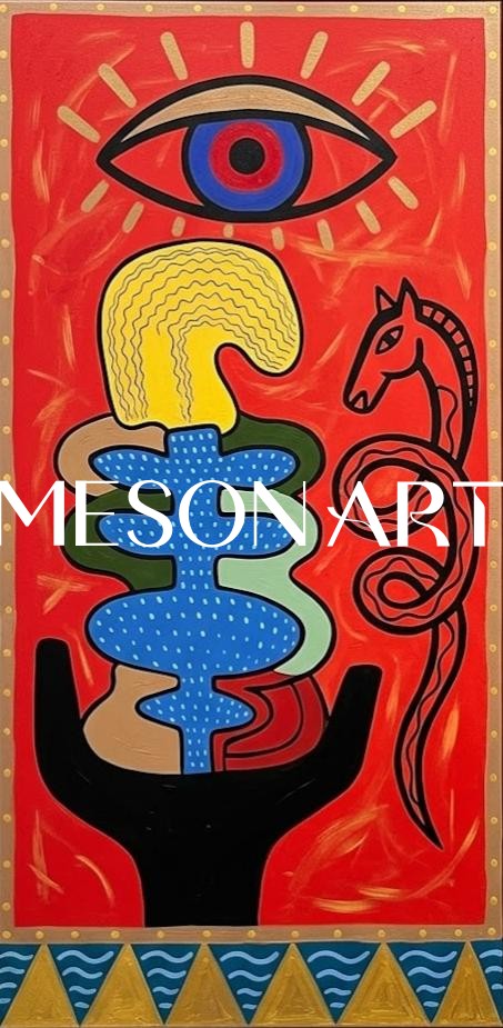 Original Surrealist Art Painting With Bold Red And Teal Colors For Living Room Decor