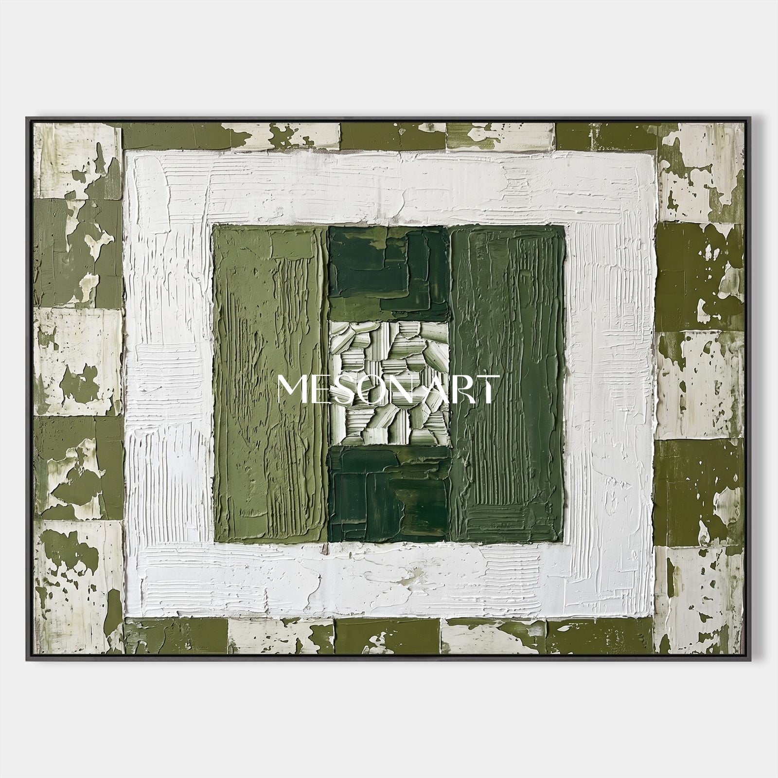 Green And White Abstract Wall Art With Textured Relief For Modern Living Room Decor