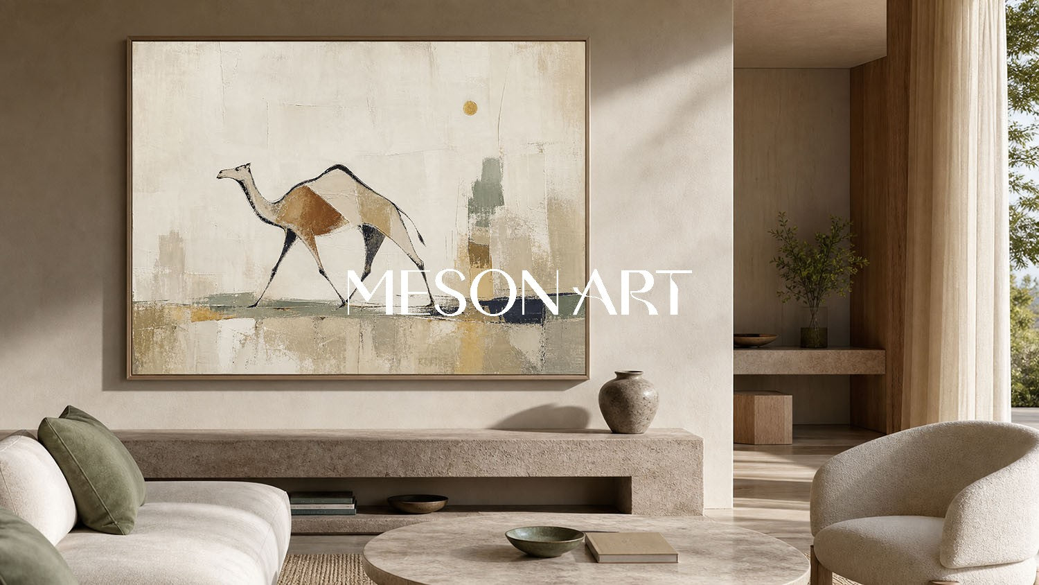 Minimalist Camel Wall Art Beige Gold Abstract Painting For Modern Living Room Decor