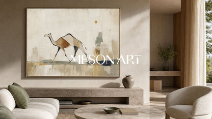 Minimalist Camel Wall Art Beige Gold Abstract Painting For Modern Living Room Decor