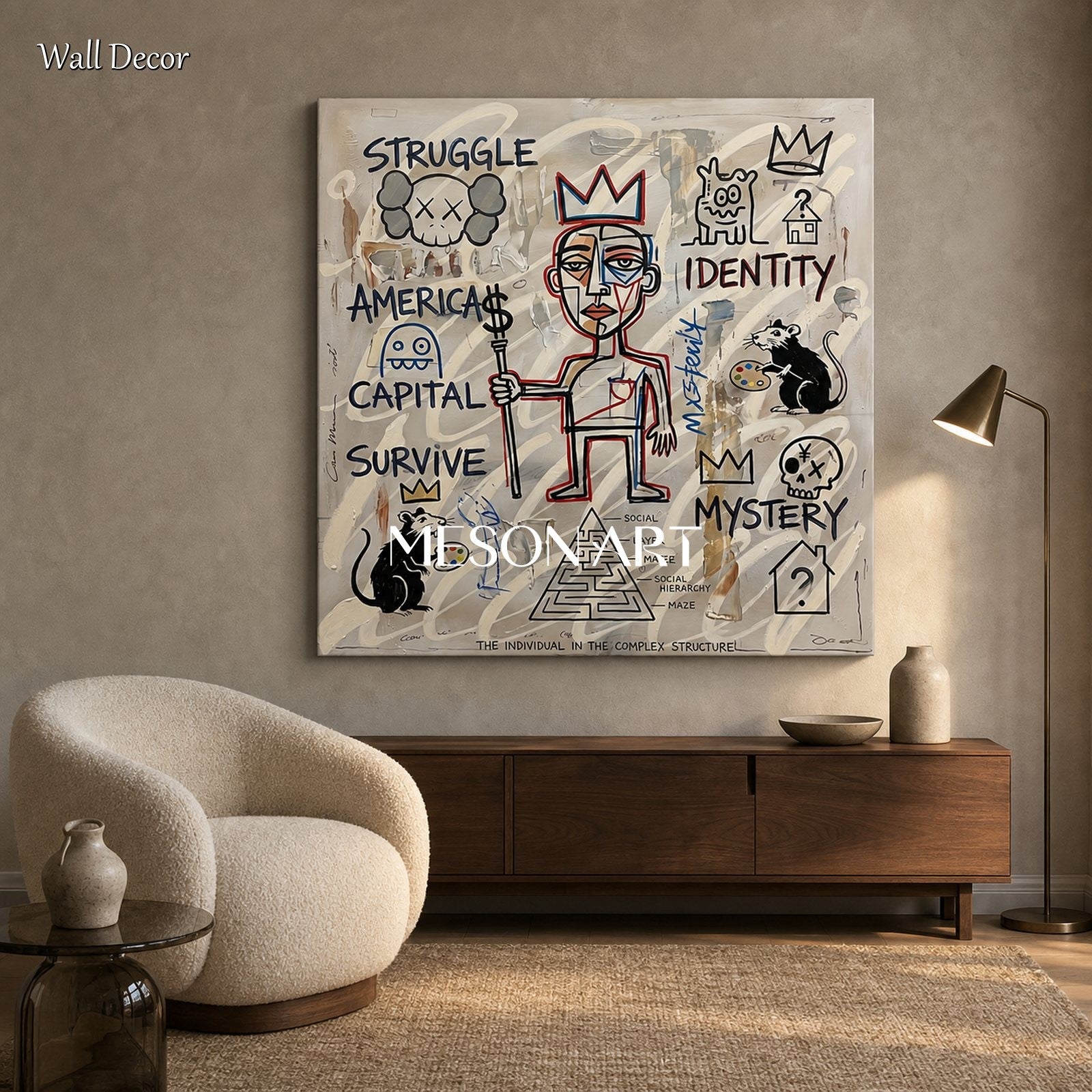 Abstract Street Art Painting With Symbolic Figures For Modern Living Room Decor