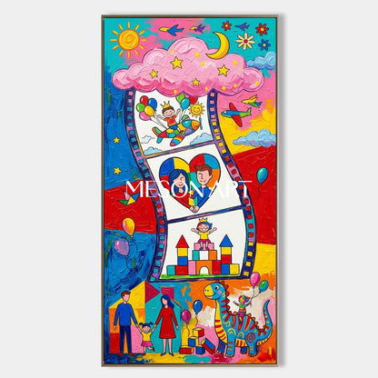 Colorful Cartoon Family Art For Kids Room Nursery Wall Decor Original Painting