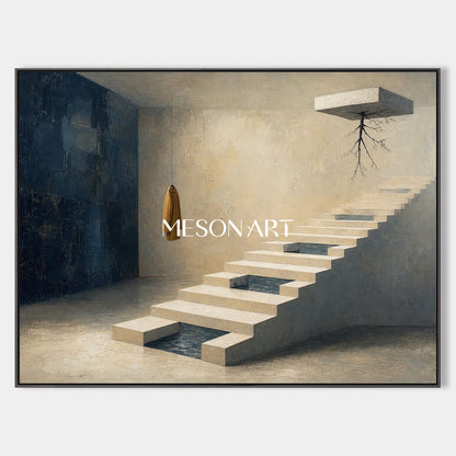 Surrealist Staircase Painting With Floating Roots And Coat For Executive Office Decor