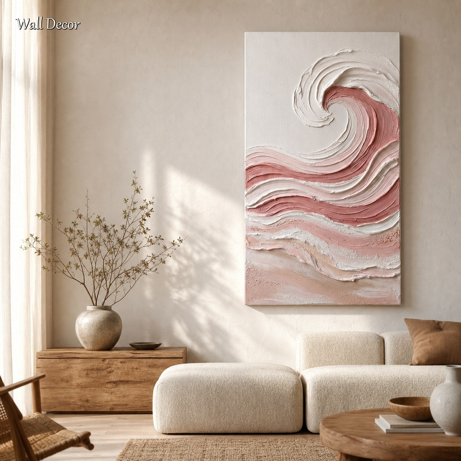 Pink Ocean Wave Textured Art With Gold Frame For Modern Bedroom Decor
