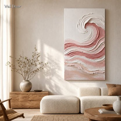 Pink Ocean Wave Textured Art With Gold Frame For Modern Bedroom Decor