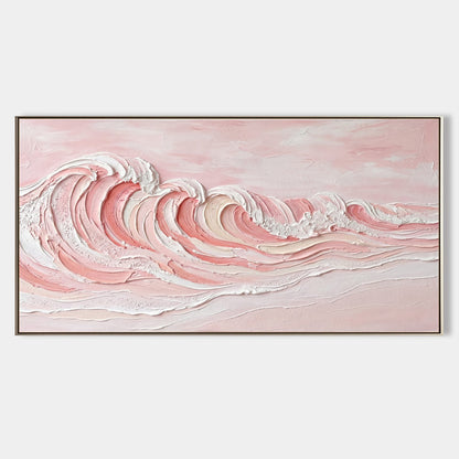 Large Pink Ocean Wave Painting Textured Abstract Art For Tranquil Living Room Decor