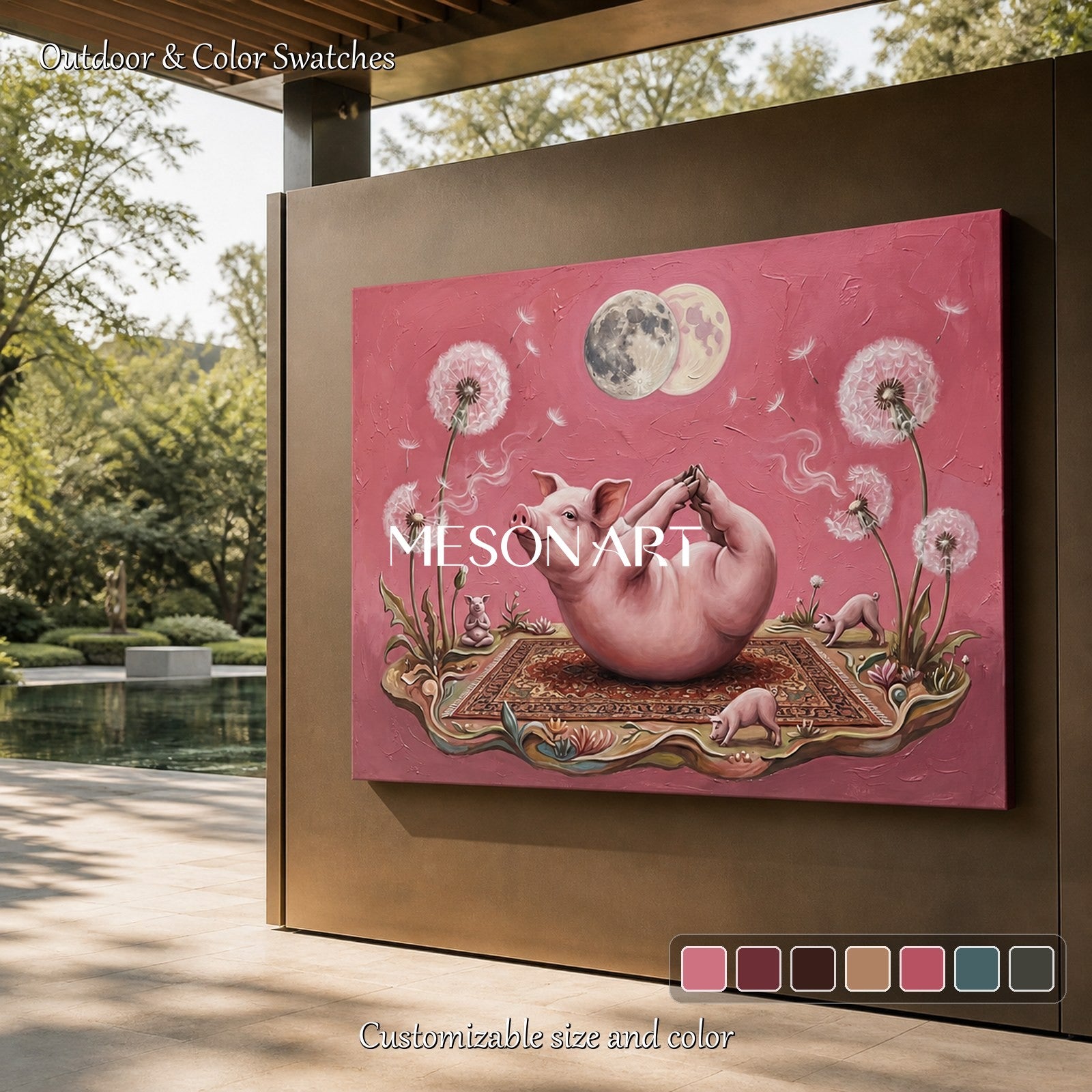 Pink And White Yoga Pig Surrealist Art Rectangular Wall Decor For Living Room By Mesonart