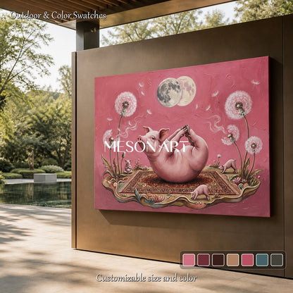 Pink And White Yoga Pig Surrealist Art Rectangular Wall Decor For Living Room By Mesonart