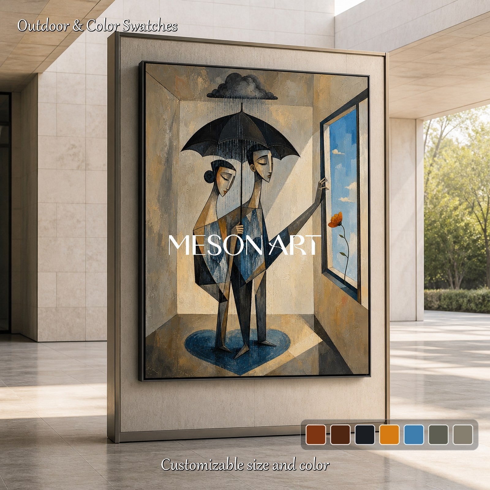 Blue Beige Surreal Cubist Expressionism Art Rectangular Wall Decor For Living Room By Mesonart
