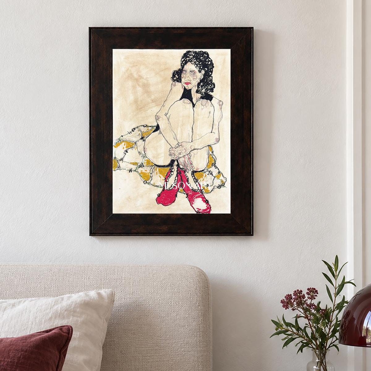 Beige And Red Abstract Figurative Painting Original Artist Hand Painted Rectangular Wall Art For Living Room By Mesonart