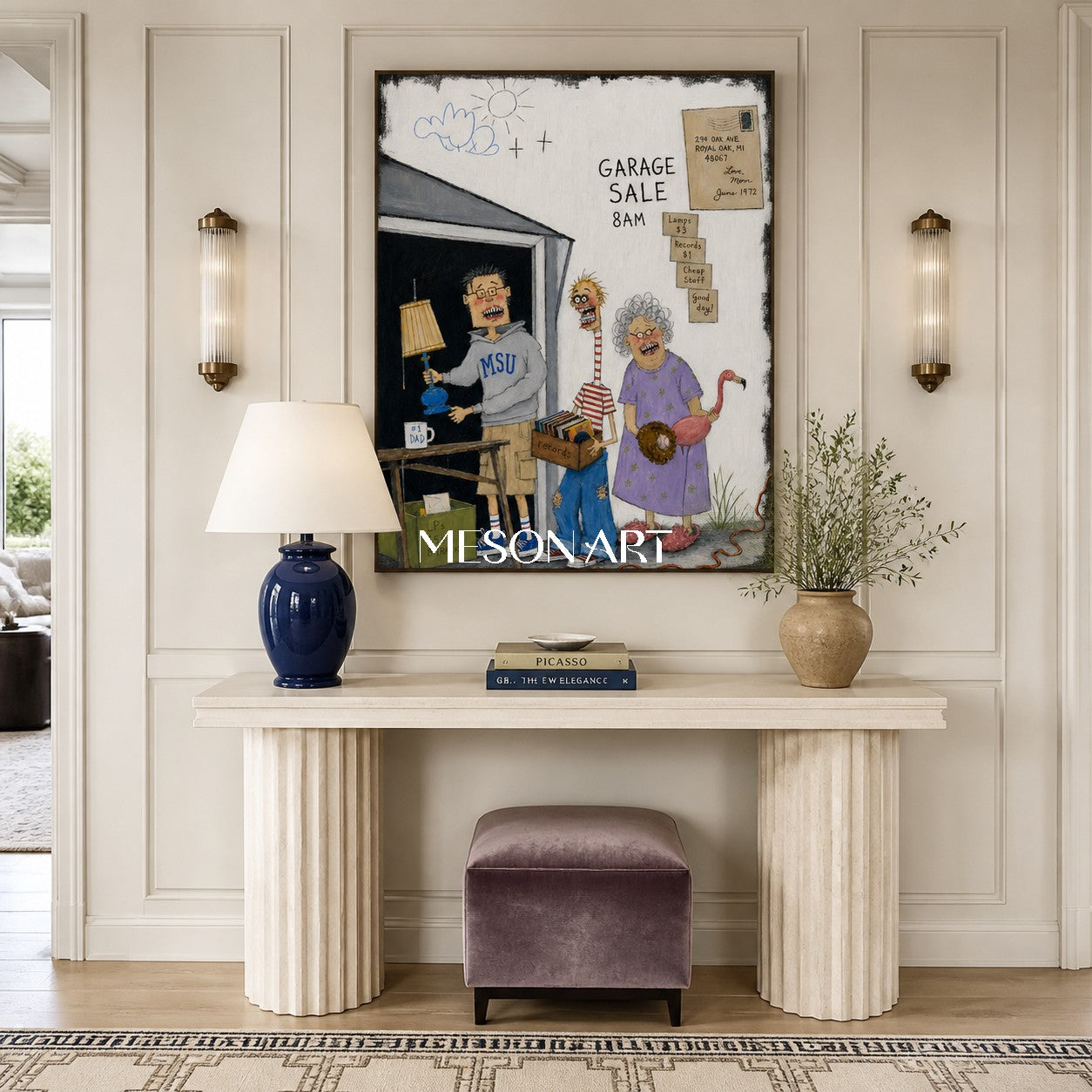 Purple Blue Graffiti Cartoon Narrative Garage Sale Art Rectangular Wall Decor For Living Room By Mesonart