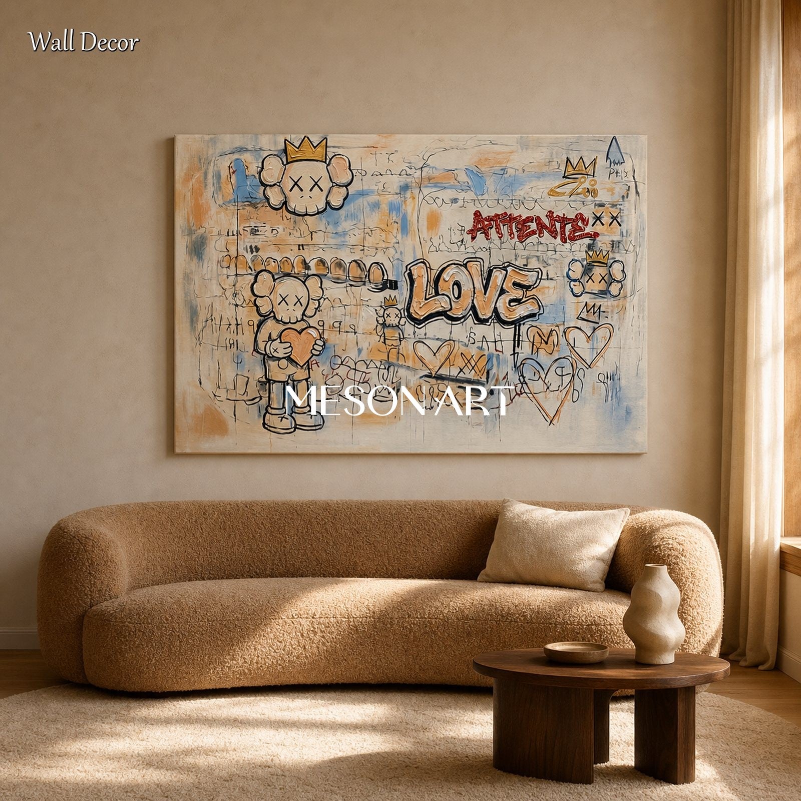 Abstract Pop Graffiti Wall Art With Gold Accents For Modern Living Room Decor