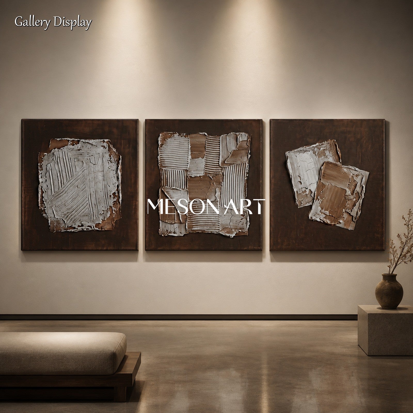 Brown Minimalist Triptych Wall Art With Textured Relief For Contemporary Living Room Decor