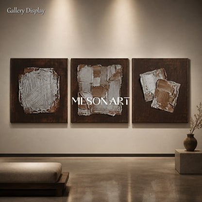 Brown Minimalist Triptych Wall Art With Textured Relief For Contemporary Living Room Decor