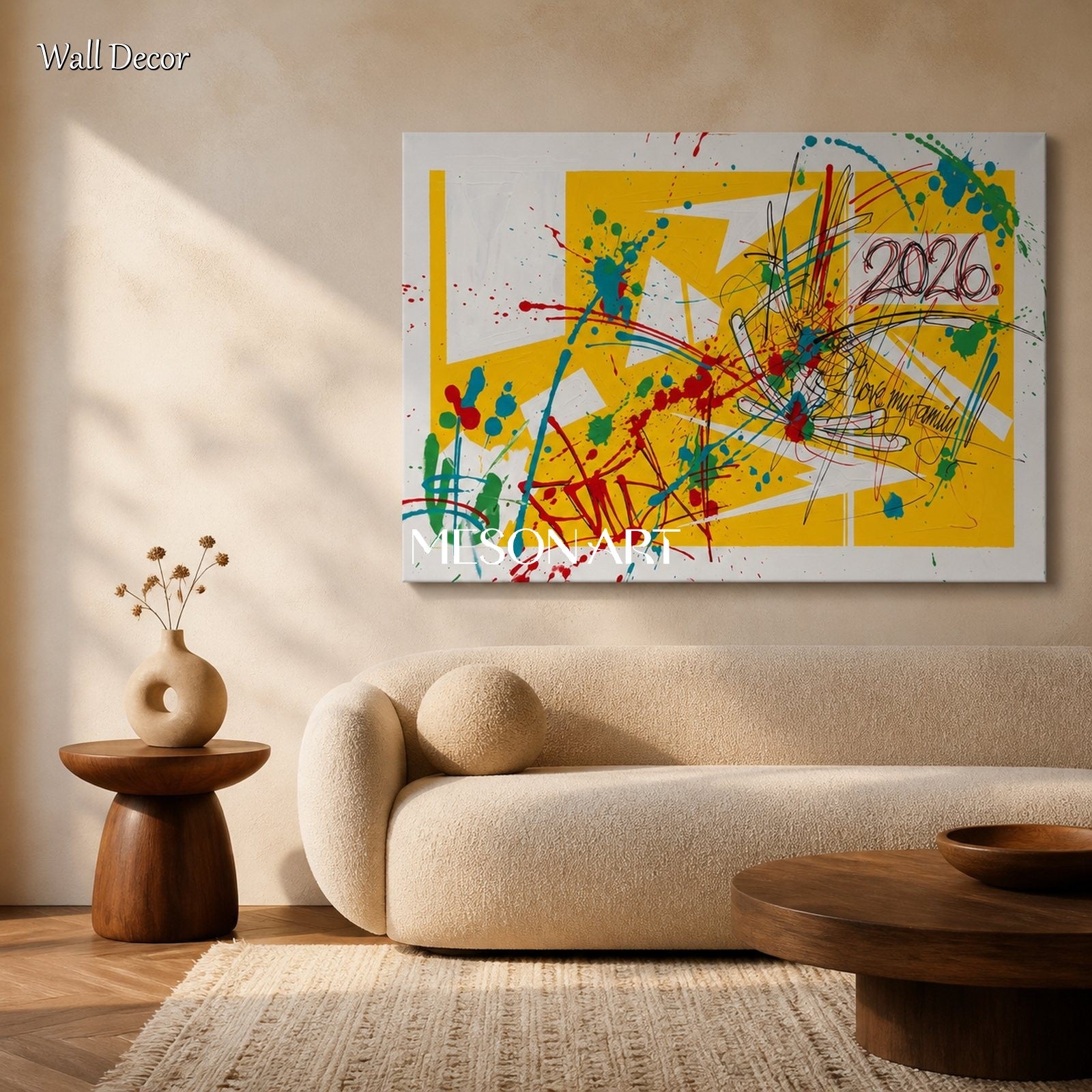 Yellow Banksy Style Painting Abstract Rectangular Wall Art For Living Room Original Artist By Mesonart