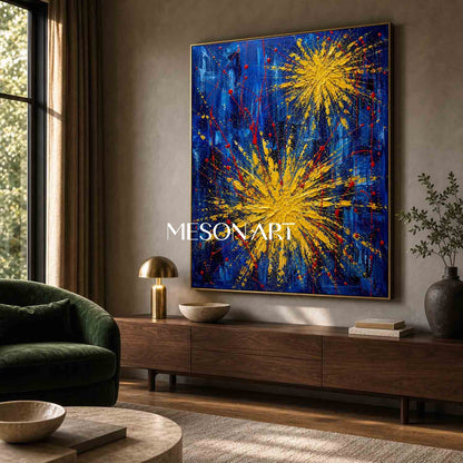 Blue And Gold Abstract Painting With Textured Relief For Modern Living Room Decor