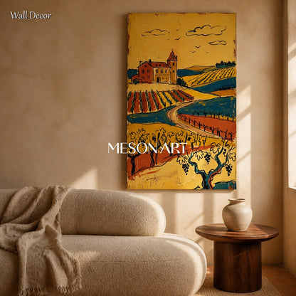 Gold And Brown Contemporary European Countryside Painting Original Artist Panoramic Wall Art For Dining Room By Mesonart