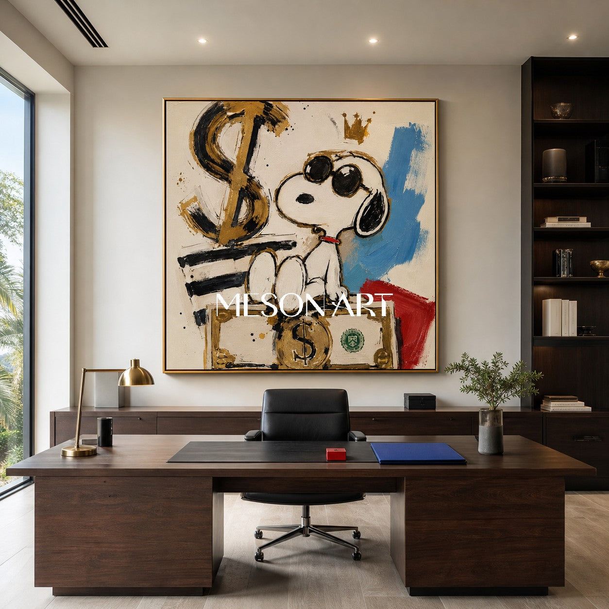 Snoopy Pop Art Painting With Gold Dollar Signs For Modern Living Room Decor
