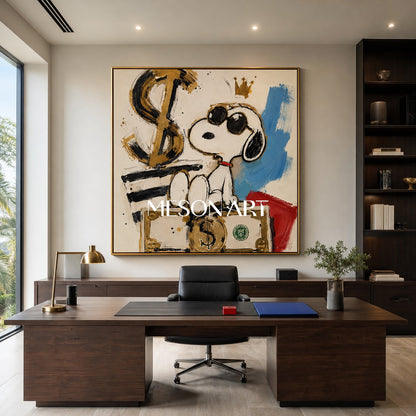 Snoopy Pop Art Painting With Gold Dollar Signs For Modern Living Room Decor