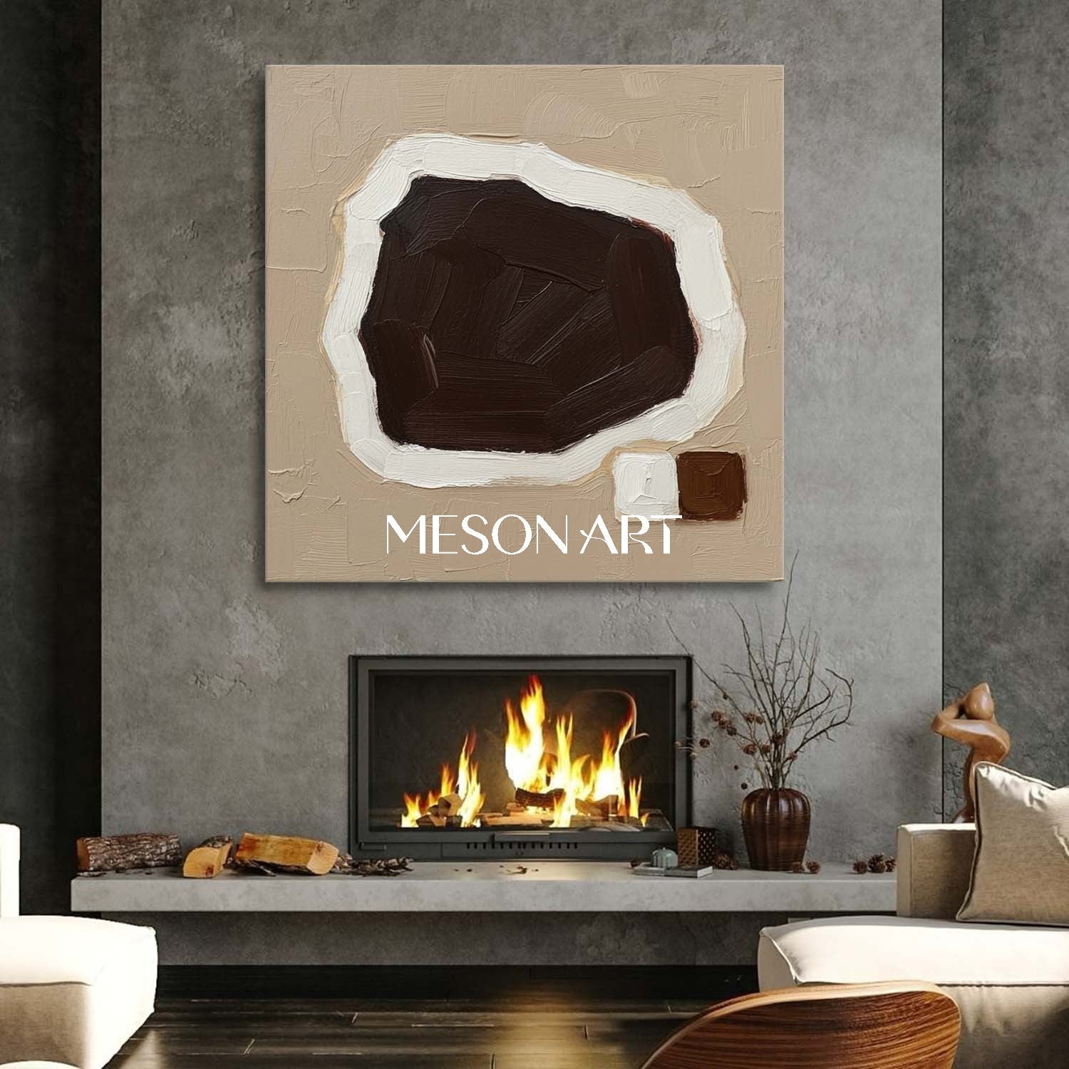 Brown Contemporary Minimalist Textured Painting Framed Canvas Entryway