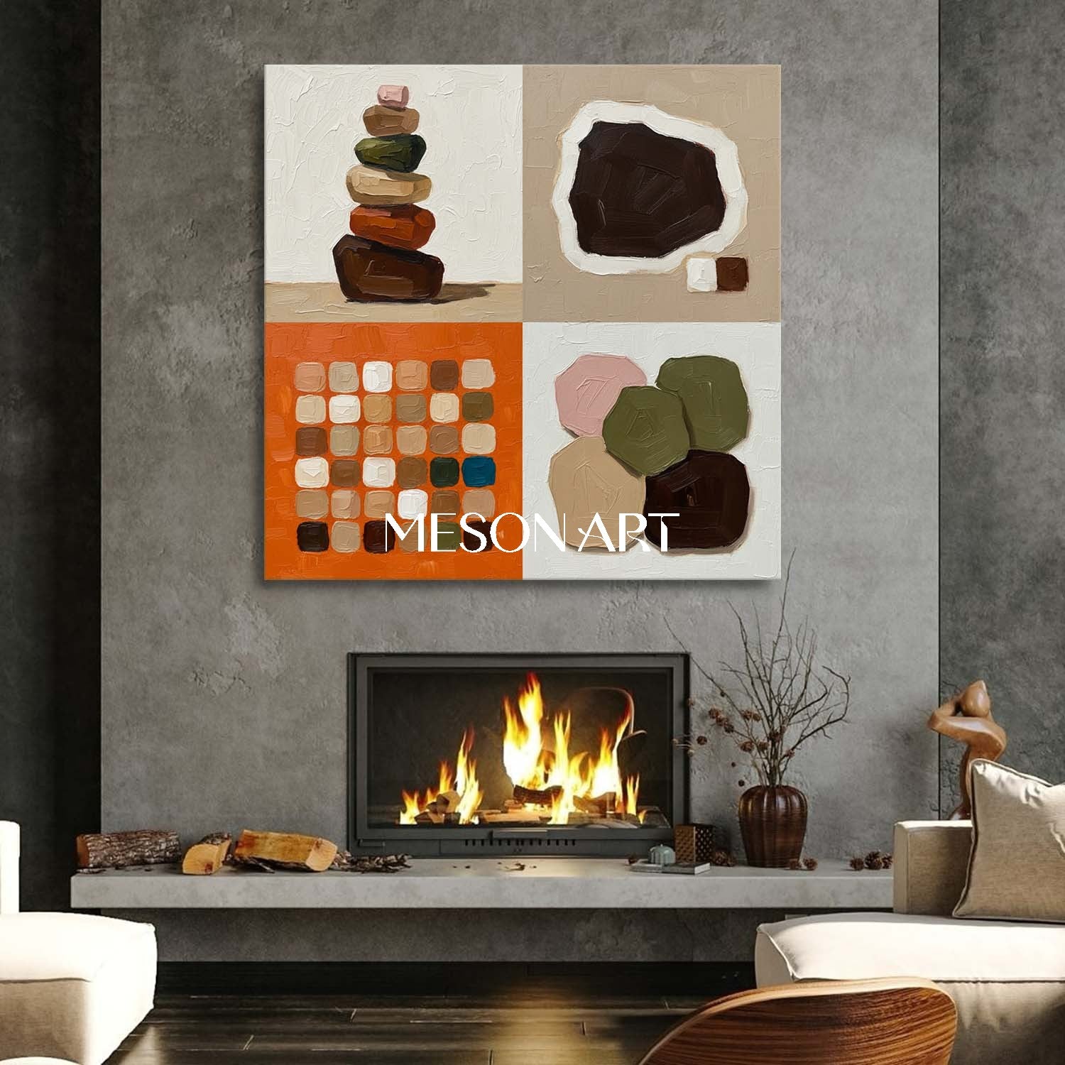 Large Neutral Tones Contemporary Minimalist Handmade Canvas Bedroom