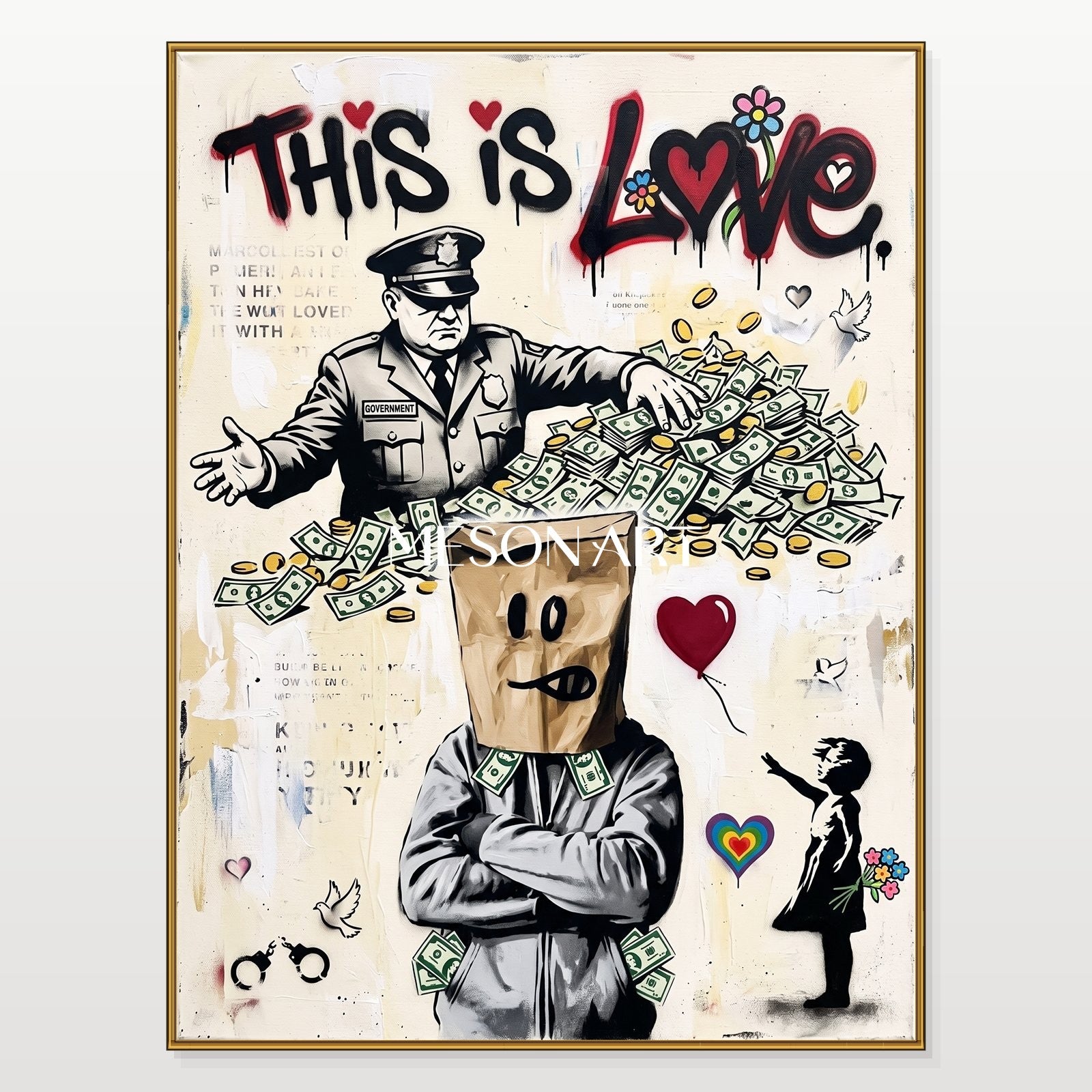 Black And Red Graffiti Painting Banksy Style Original Artist Hand Painted Rectangular Wall Art For Living Room By Mesonart