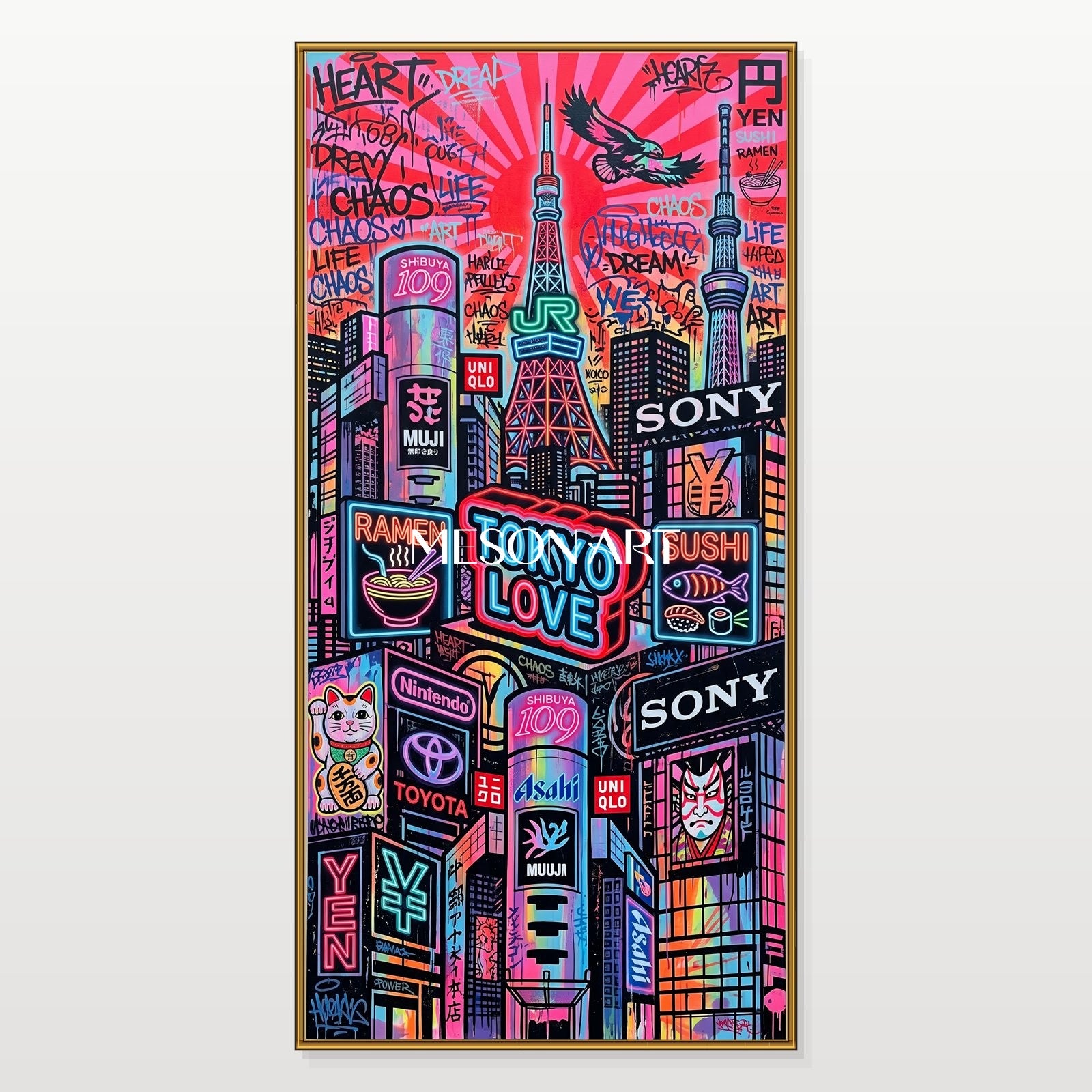 Pink And Black Graffiti Art Paintings Banksy Style Panoramic Wall Decor For Living Room By Mesonart