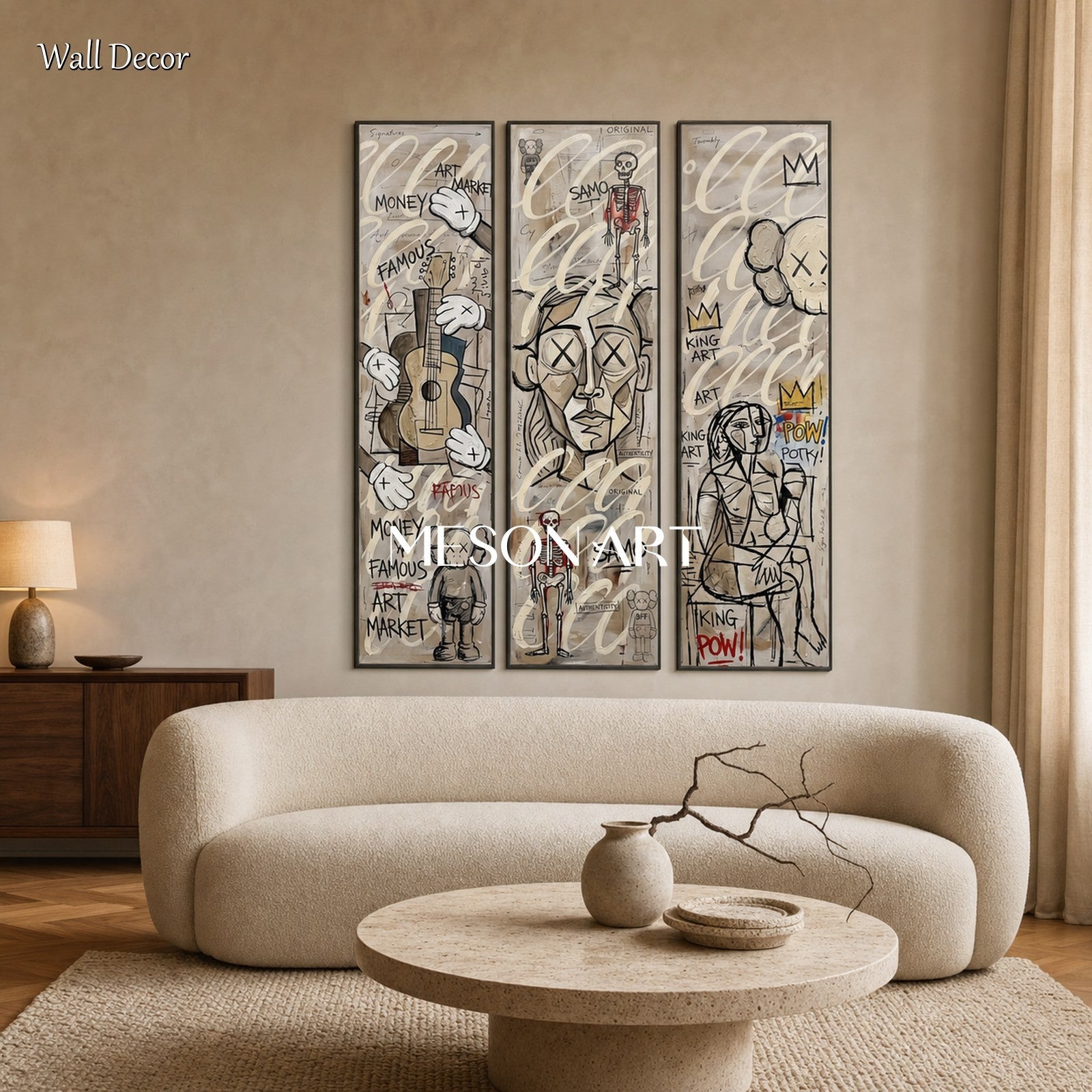 Urban Graffiti Triptych Wall Art With Pop Icons For Modern Living Room Decor