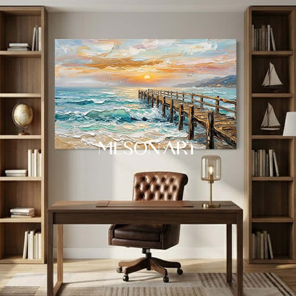 Luxury Golden Sunset Seascape Oil Painting With Textured Pier For Modern Living Room Wall Art
