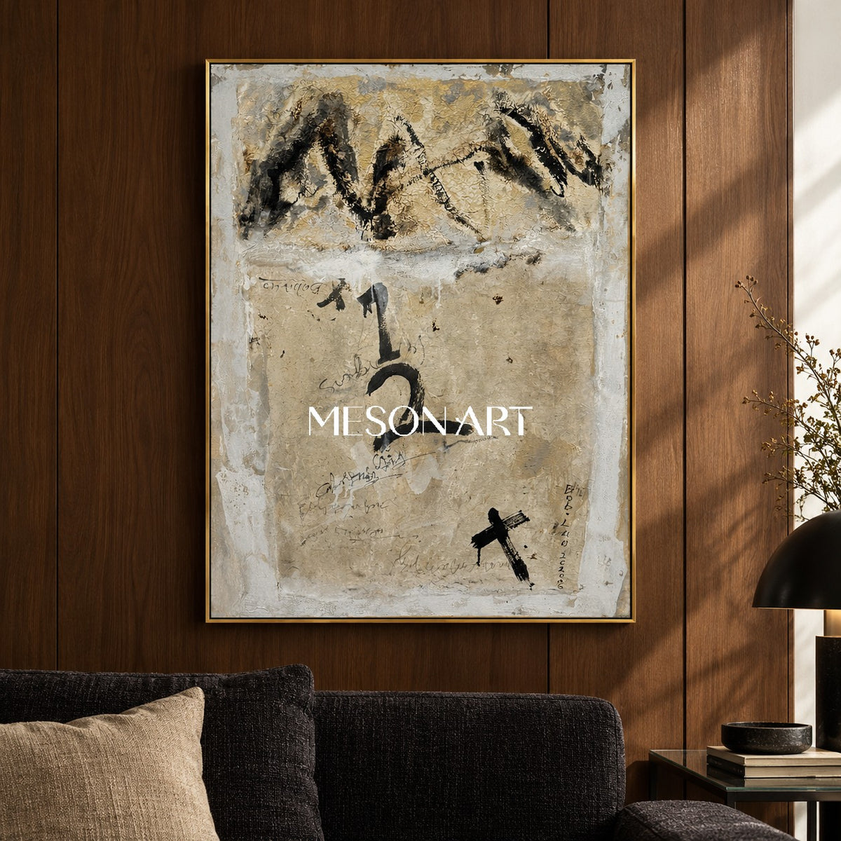 Black And Beige Abstract Art Original Mixed Media Painting Rectangular Wall Decor For Living Room By Mesonart