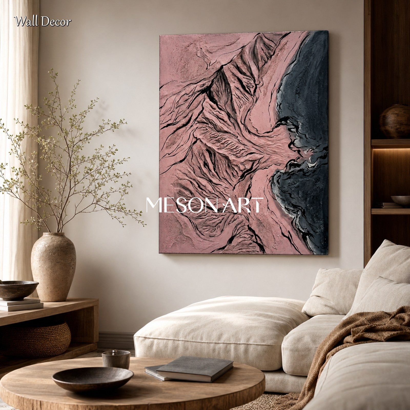 Pink Mountain Abstract Art For Modern Living Room Decor With Textured Relief