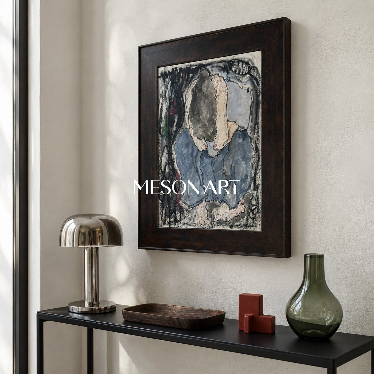 Blue And Black Figurative Portrait Painting Contemporary Original Artwork Rectangular Wall Art By Mesonart