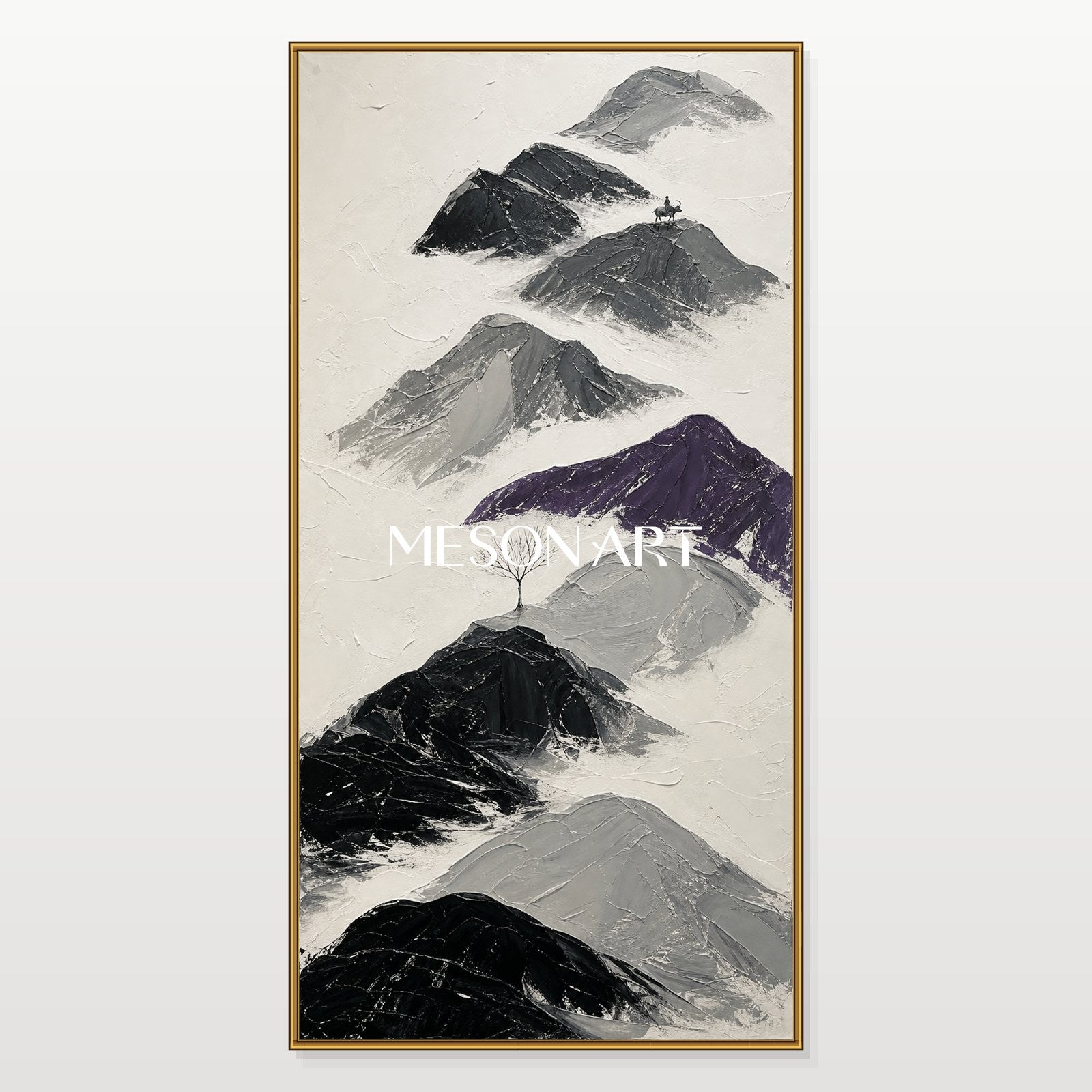 Black And White Mountain Painting With Textured Relief For Modern Home Decor