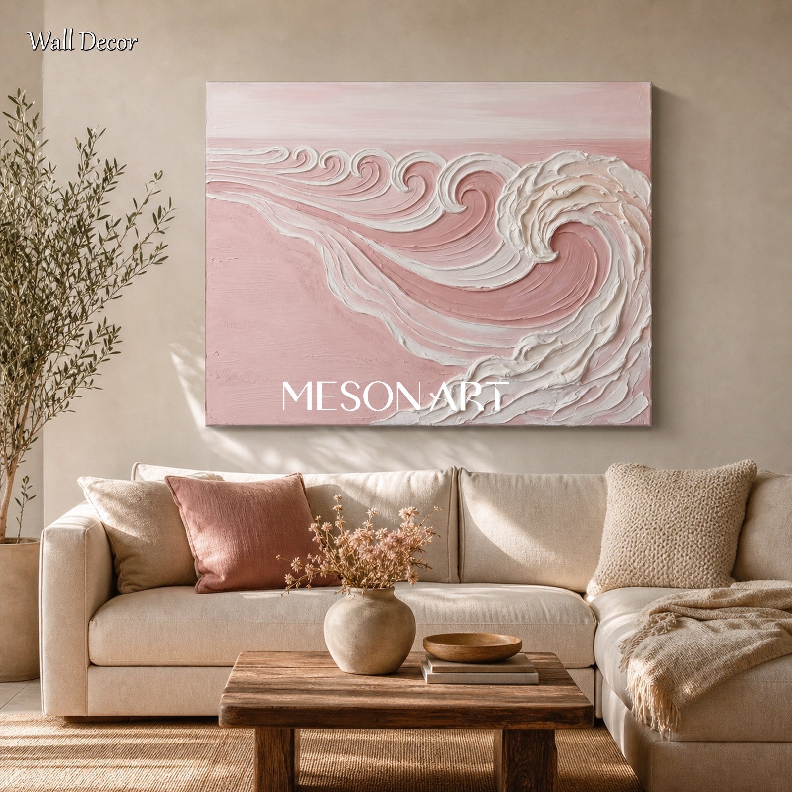 Pink And White Textured Wave Art For Modern Bedroom Decor
