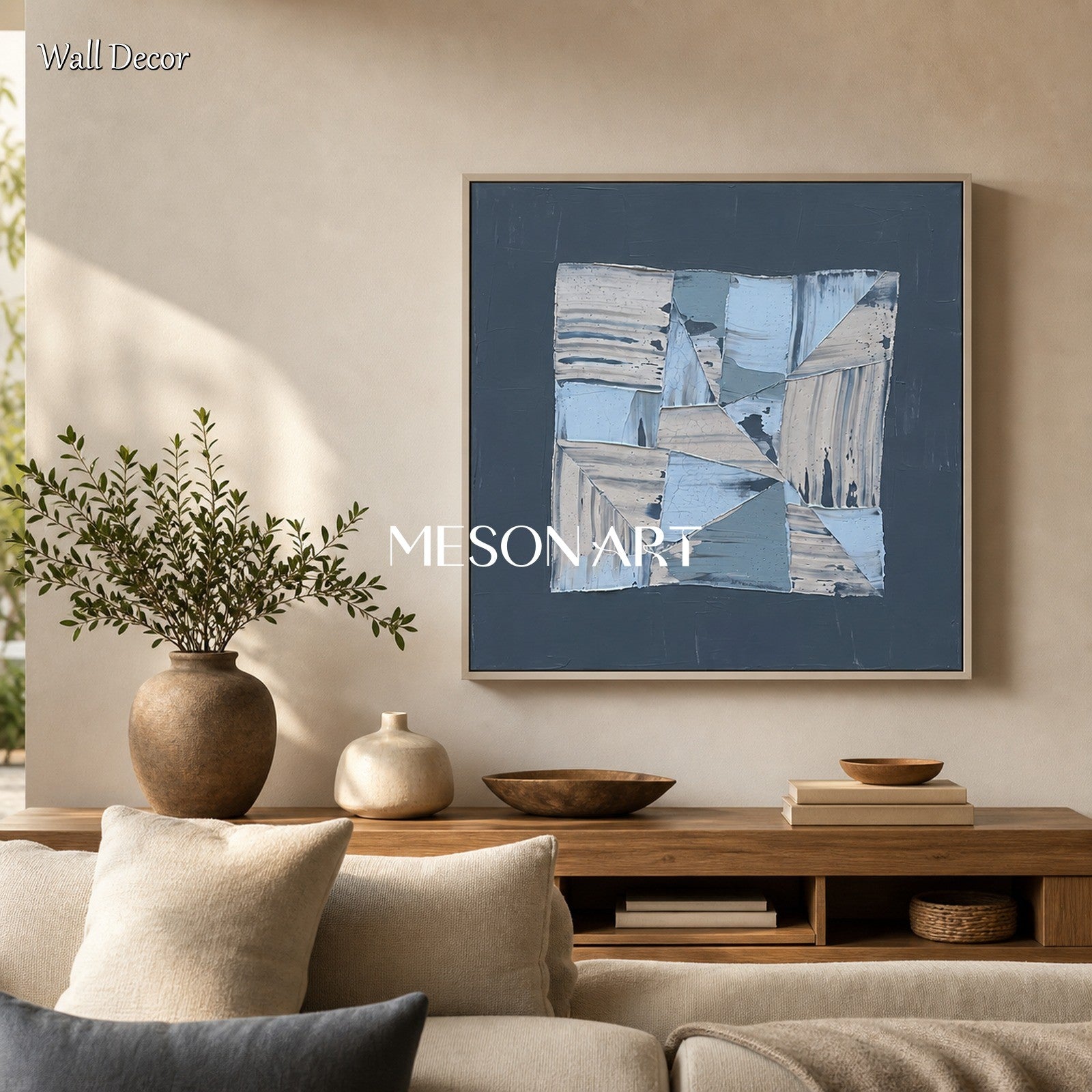 Original Navy Blue Abstract Art Painting Minimalist Geometric Design For Modern Home Decor