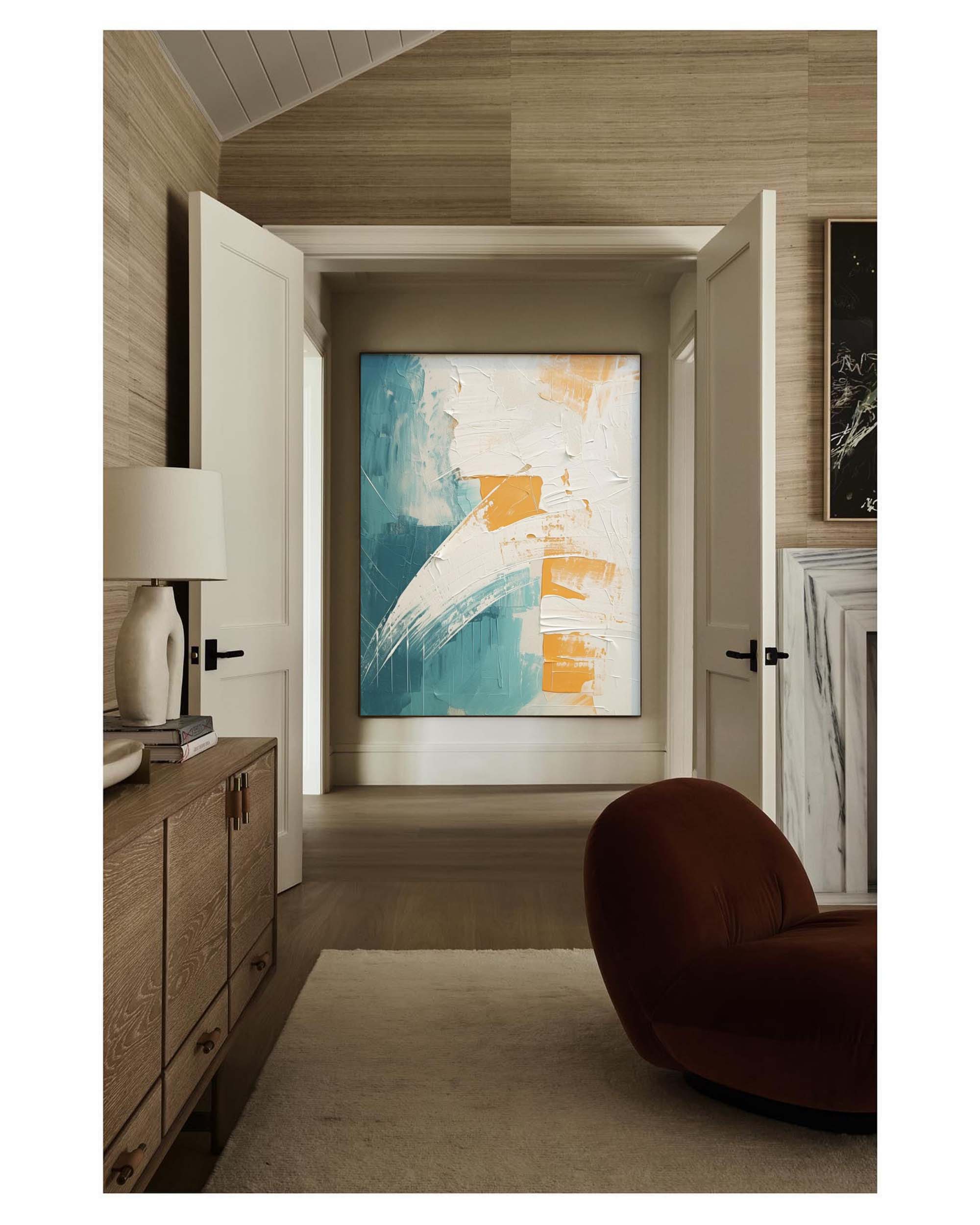 White and Blue Texture Painting Living Room Minimalist Wall Decor White and Blue Minimalist Canvas Wall Art
