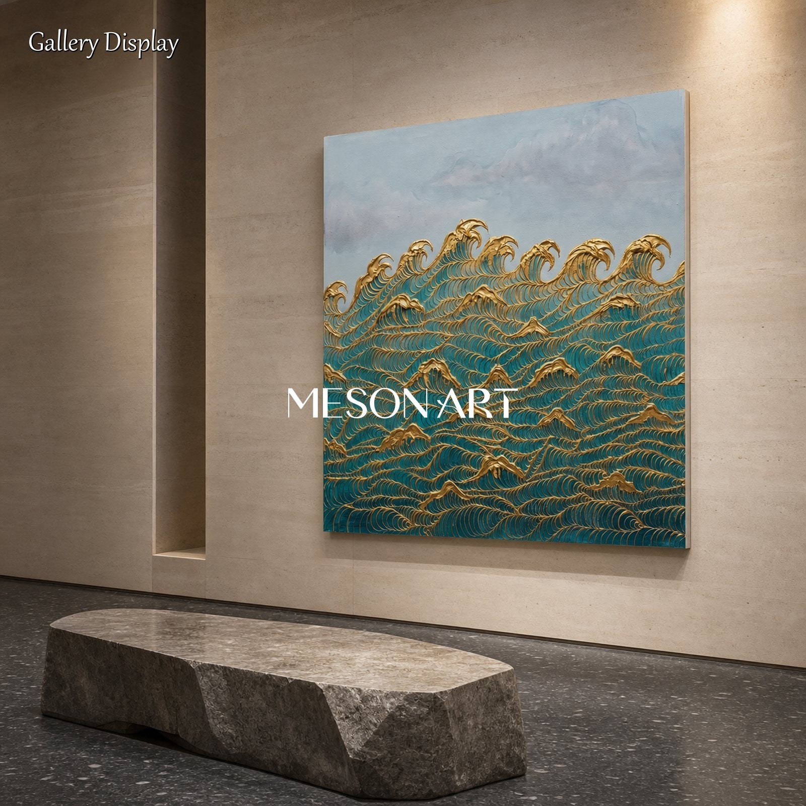 Gilded Wave Painting In Teal And Gold For Art Deco Living Room Decor With Textured Relief