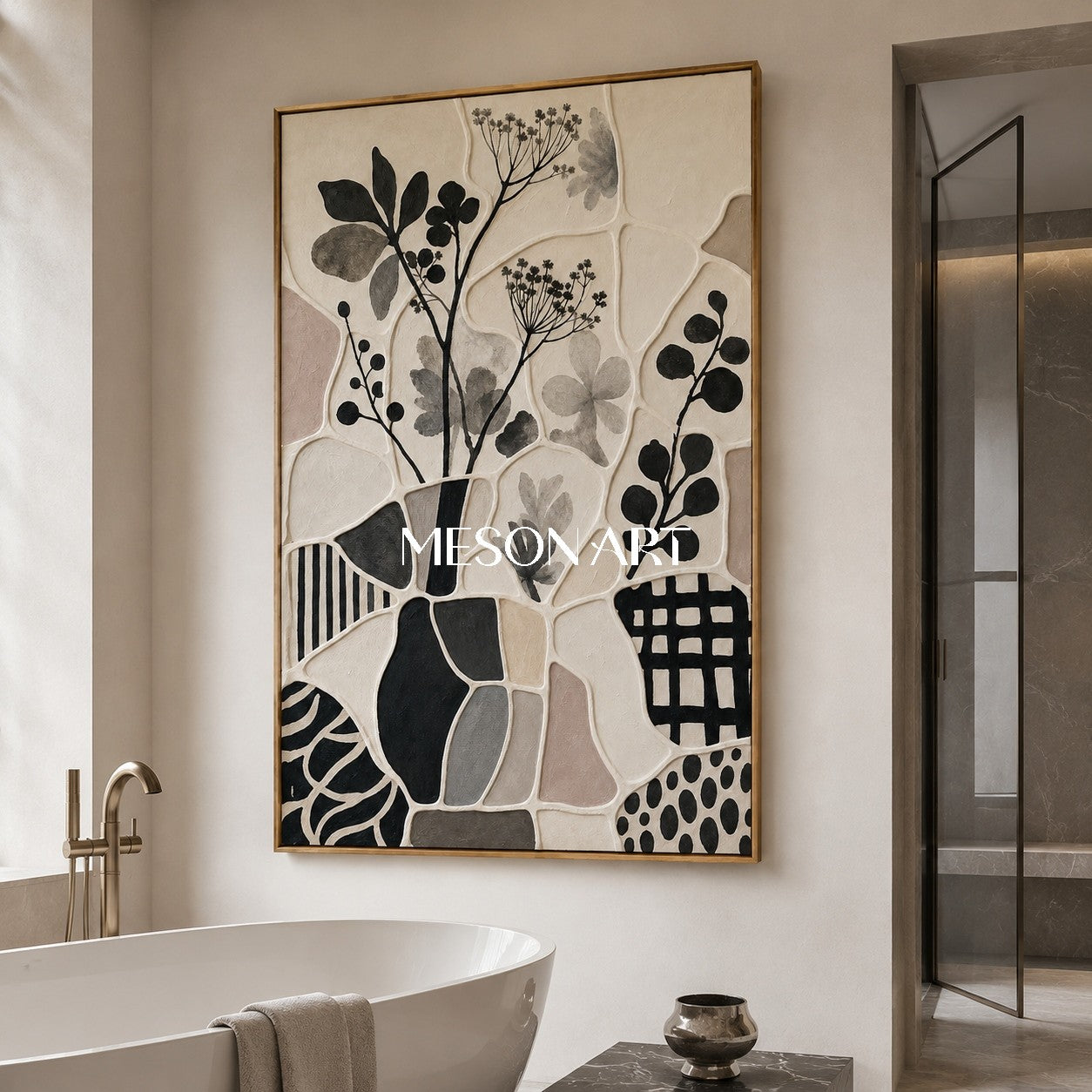 Wabi Sabi Botanical Art With Textured Relief For Modern Living Room Decor