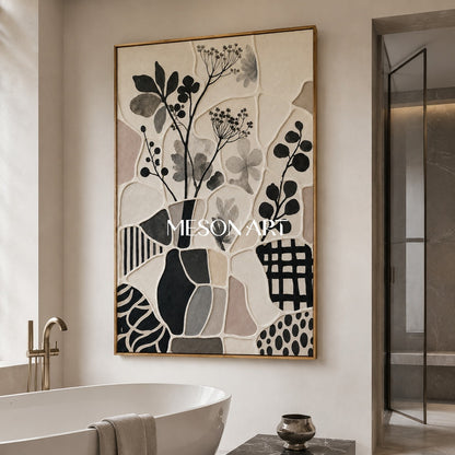 Wabi Sabi Botanical Art With Textured Relief For Modern Living Room Decor