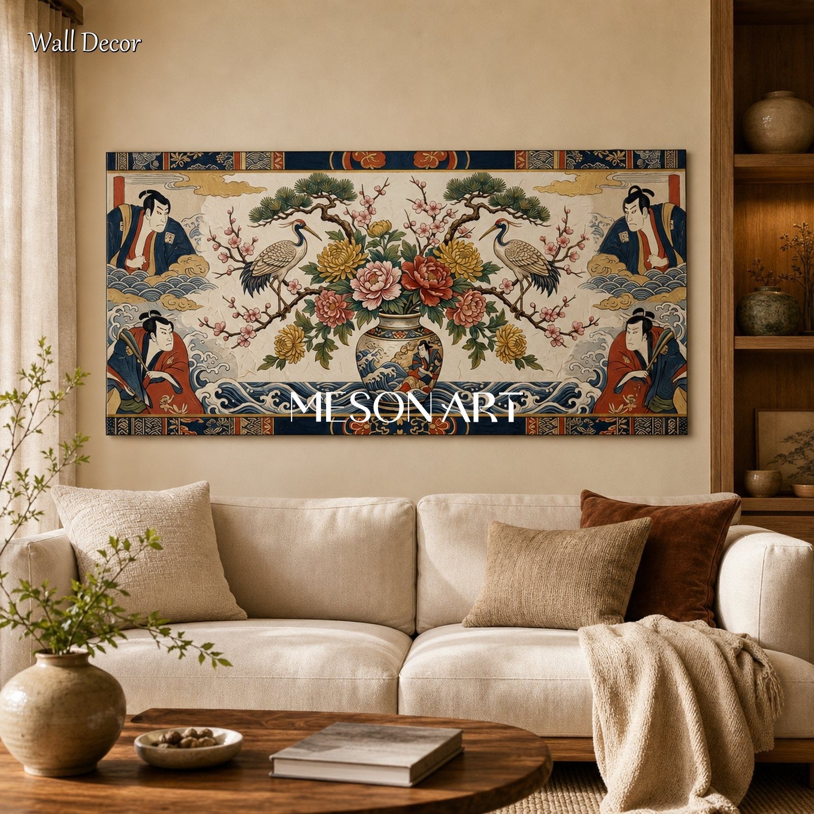 Japanese Ukiyo-E Canvas Art With Cranes And Flowers For Living Room Decor
