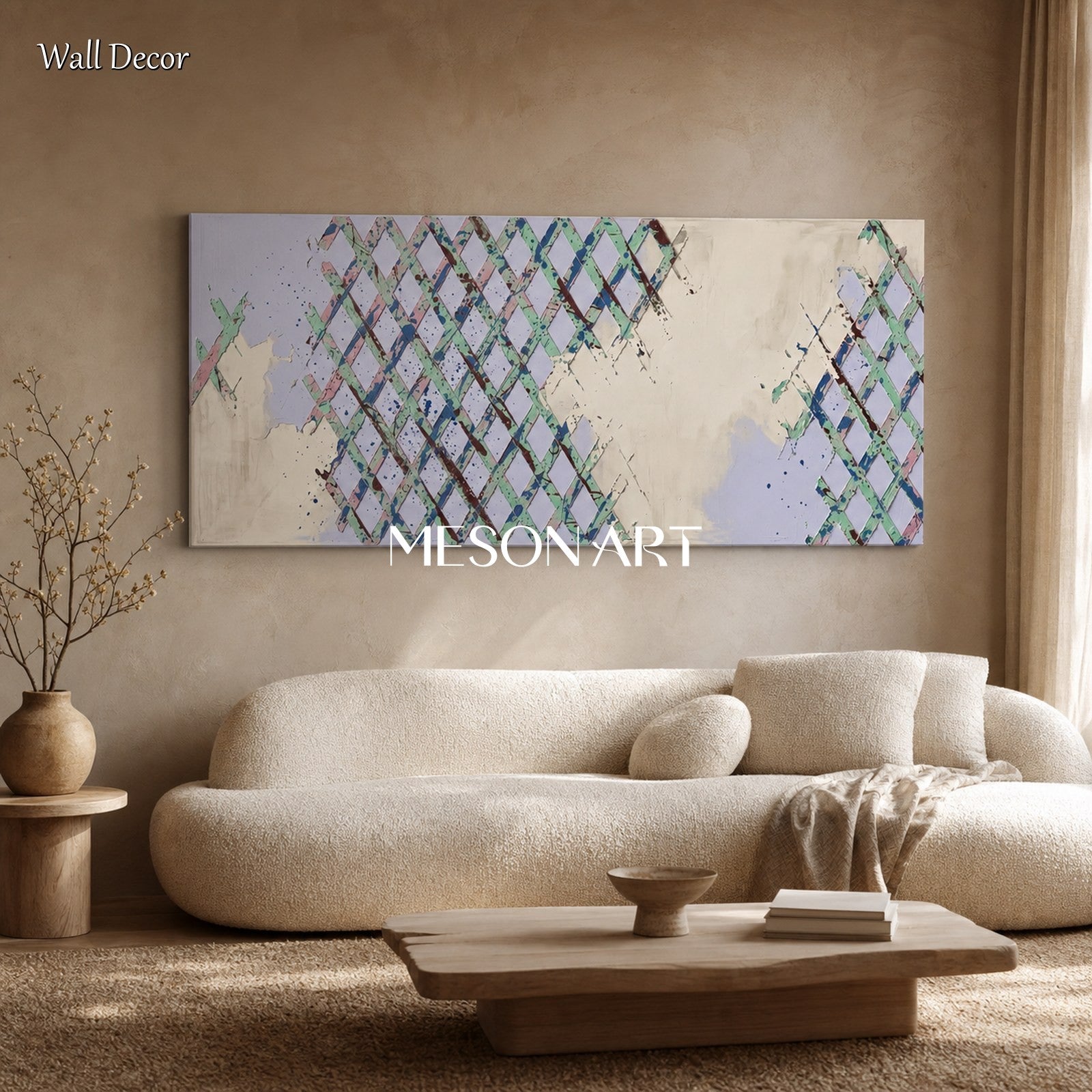 Minimalist Geometric Abstract Painting With Textured Lattice For