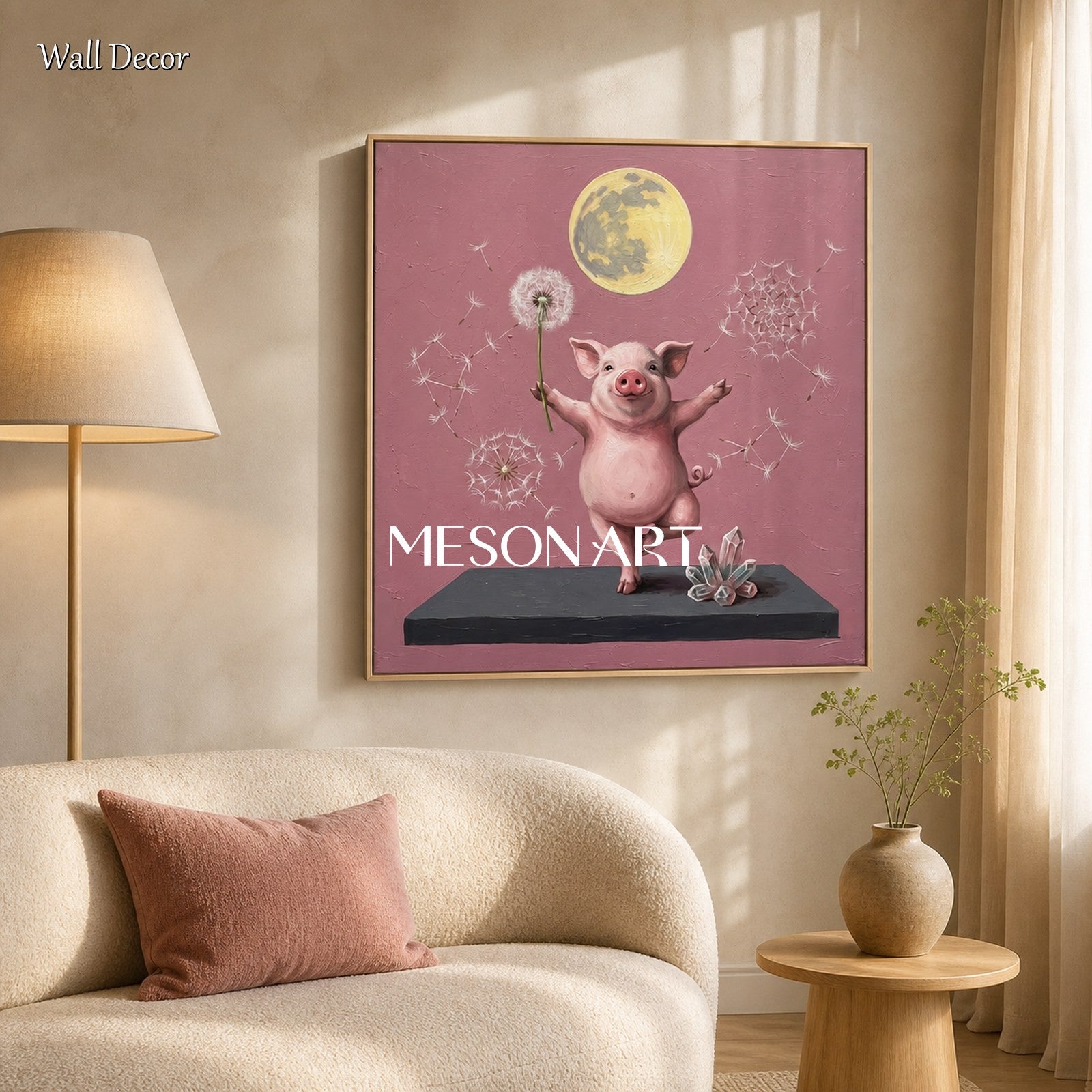 Pink And Gold Painting Surrealist Yoga Pig Original Artist Hand Painted Square Wall Art For Living Room By Mesonart