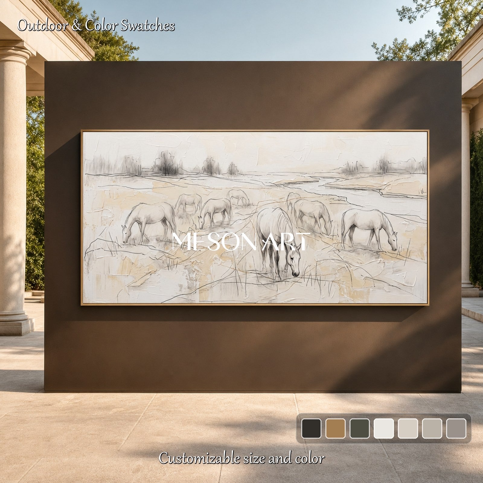 Beige And White Horses Grazing Minimalist Painting Original Artist Panoramic Wall Art For Living Room By Mesonart