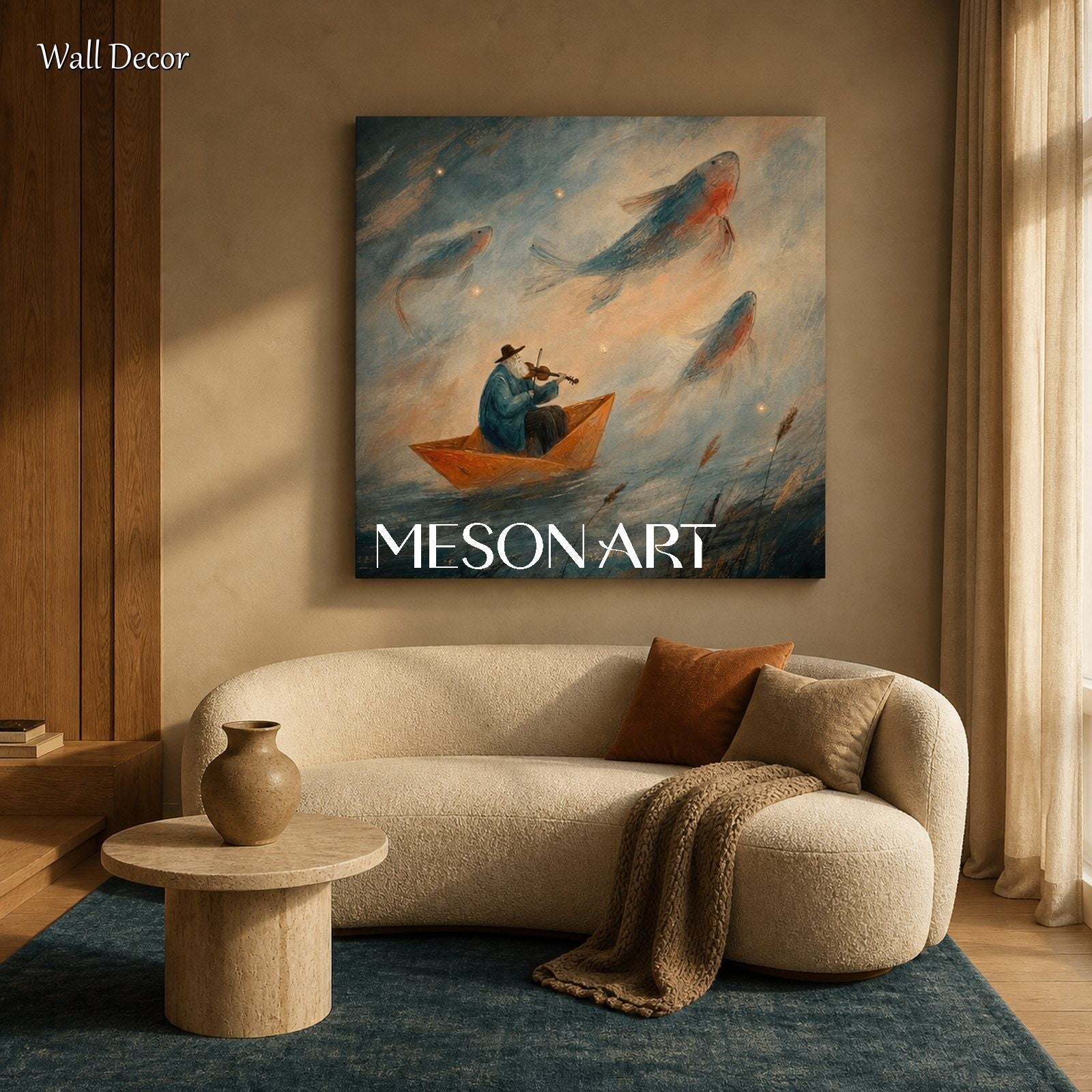 Blue Surreal Fantasy Art With Violin And Fish Rectangular Wall Decor For Living Room By Mesonart