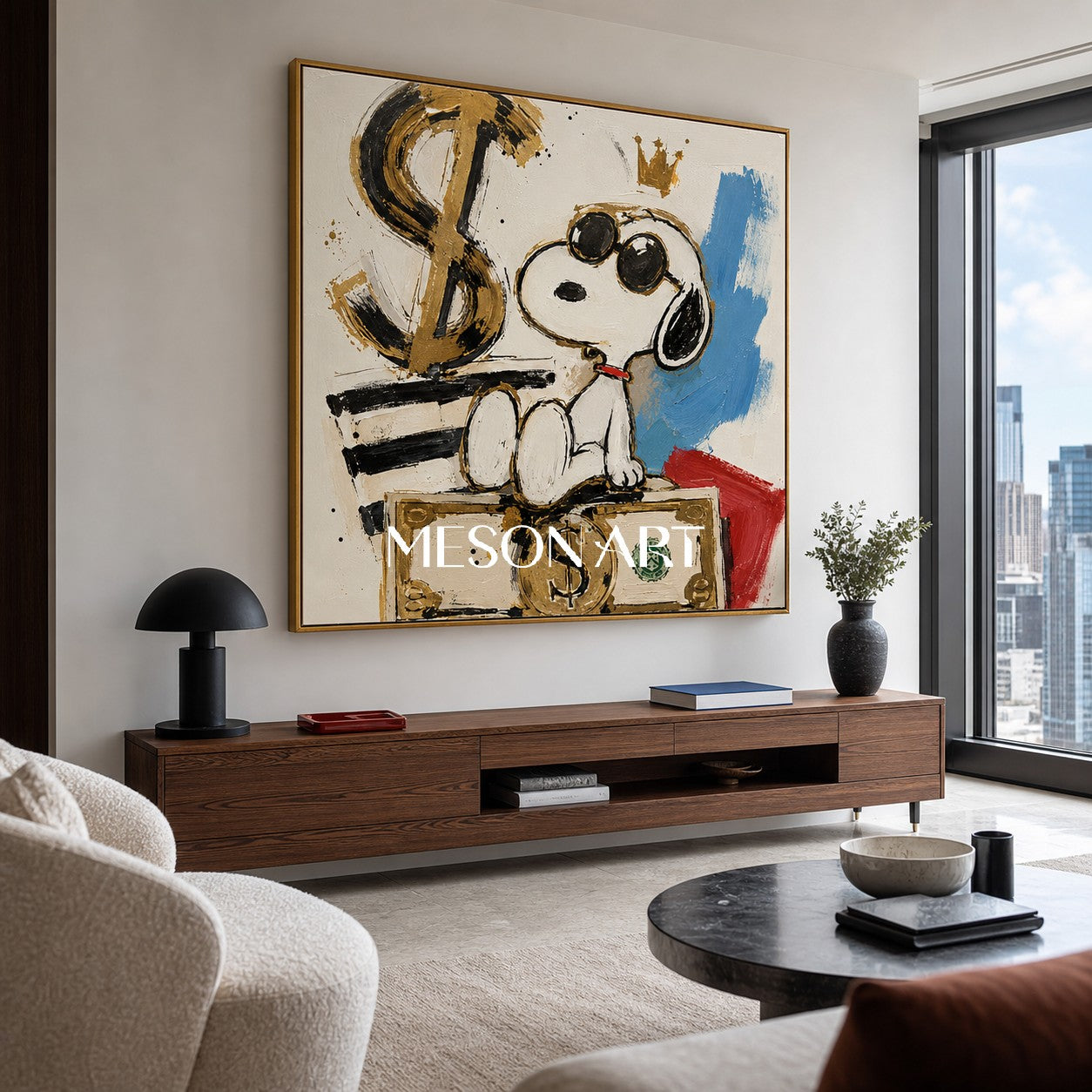 Snoopy Pop Art Painting With Gold Dollar Signs For Modern Living Room Decor