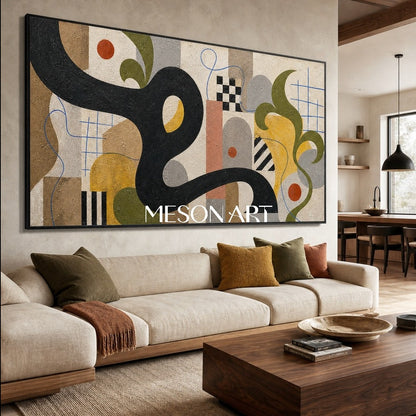 Mid Century Modern Abstract Painting With Geometric Shapes And Organic Lines For Living Room Decor