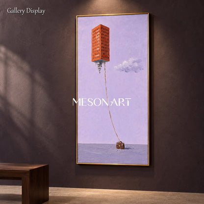 Purple And Brown Surrealist Floating Building Panoramic Wall Art For Living Room By Mesonart